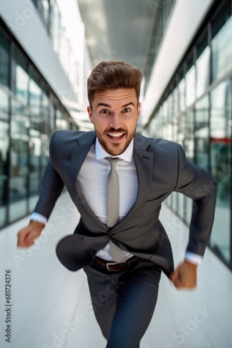 Businessman wearing a business suit is running facing to the camera. Business vibe