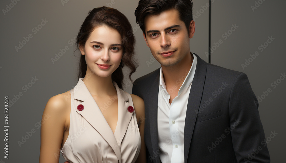 Young adults in suits, smiling, looking at camera, portrait generated by AI Young adults in suits, smiling, looking at camera, portrait generated by AI