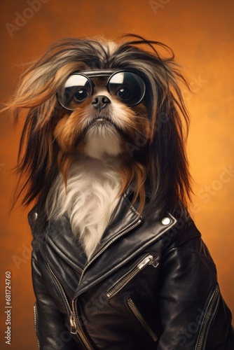 A stylish dog wearing a leather jacket and sunglasses. Perfect for fashion or pet-themed designs.