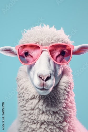 A sheep wearing pink sunglasses stands out against a vibrant blue background. Perfect for adding a playful touch to any design or project.