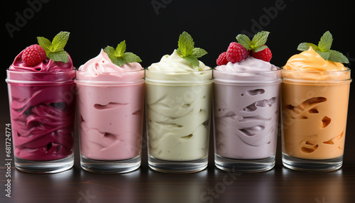 Fresh fruit dessert Raspberry  strawberry  blueberry  and mint leaf milkshake generated by AI