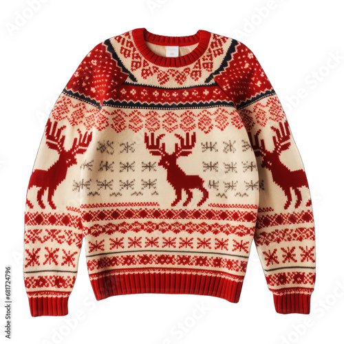 A Classic Woolen Christmas Sweater With A Reindeer Pattern- Isolated On A White Background © Peter