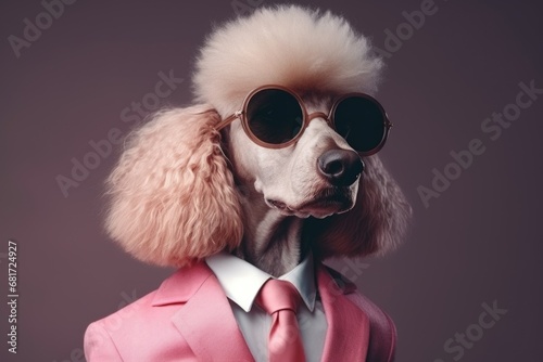 A poodle wearing sunglasses and a pink suit. Perfect for fashion or pet-themed designs. © Fotograf