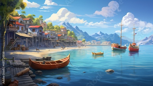 A quaint beachside village, with small, colorful houses along the shore, fishing boats anchored in the bay, and a bustling fish market near the pier.