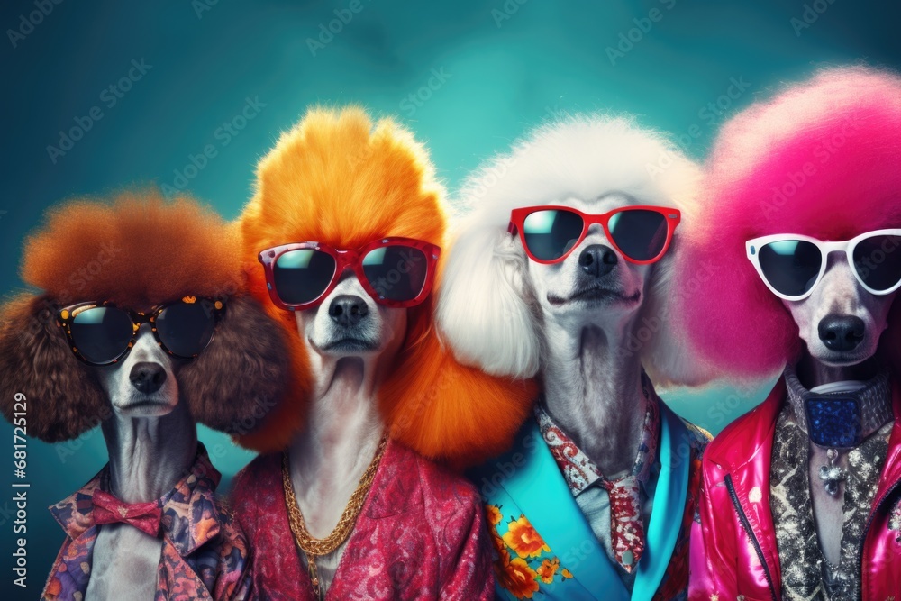 A fun and quirky image featuring a group of dogs wearing wigs and sunglasses. Perfect for adding a touch of humor and playfulness to any project. - obrazy, fototapety, plakaty 