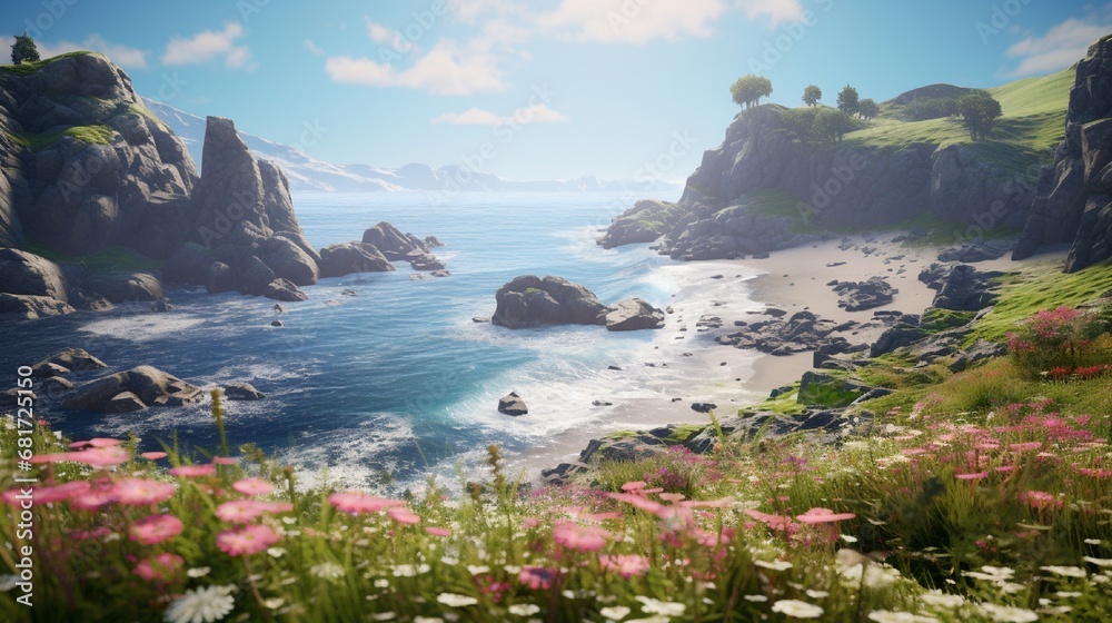 A rugged coastline with dramatic cliffs, crashing waves, and a secluded sandy cove, with wildflowers blooming along the cliff's edge. A rugged coastline with dramatic cliffs, crashing waves, and a secluded sandy cove, with wildflowers blooming along the cliff's edge.