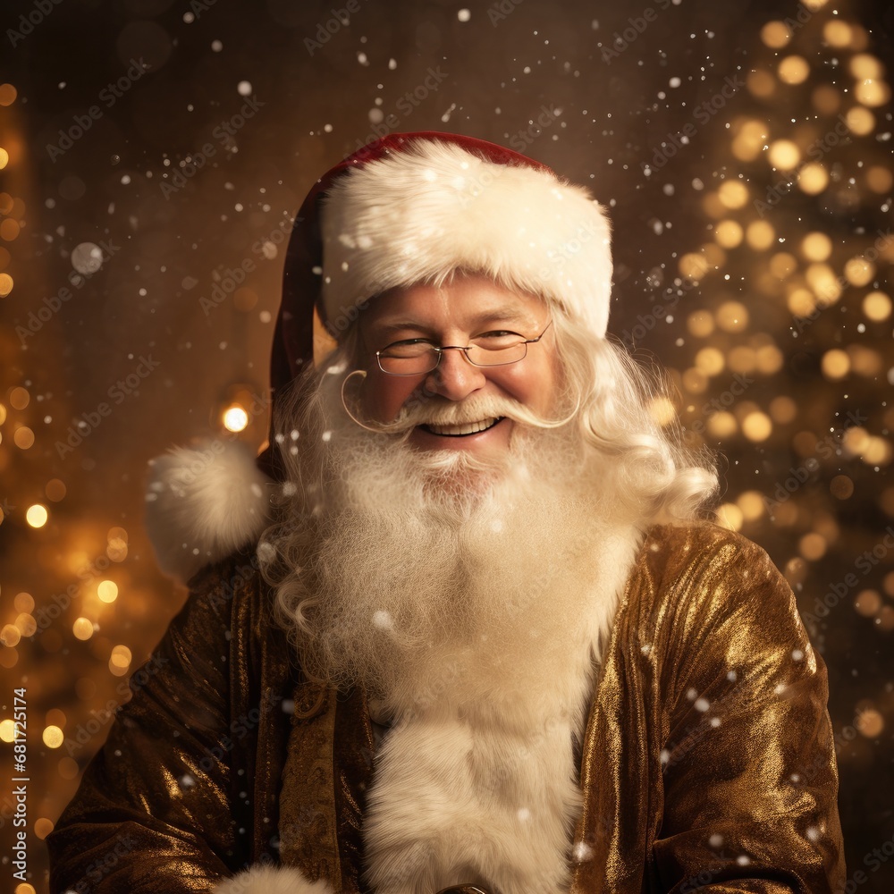 Cute Santa Claus in red clothes with a long white beard on a golden background. Generative AI. Cute Santa Claus in red clothes with a long white beard on a golden background. Generative AI.