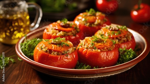 Fototapeta Naklejka Na Ścianę i Meble -  Turkish culinary delight! Traditional stuffed tomatoes with rice and olive oil, showcasing the rich flavors of Turkish cuisine.