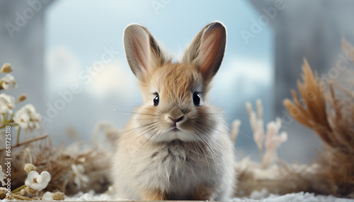 Cute baby rabbit sitting on grass, looking at camera generated by AI