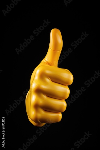 A yellow hand with a thumb up on a black background. Suitable for conveying approval or positive feedback.
