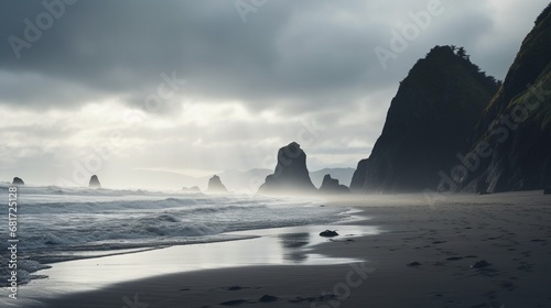 A remote, windswept beach with rugged sea stacks, wild ocean waves crashing against them, and a dramatic cloudy sky overhead.