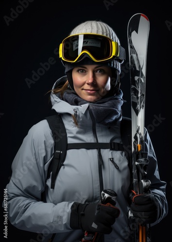 Beautiful young woman with a ski helmet and goggles on a dark background. Generative AI. © Simona
