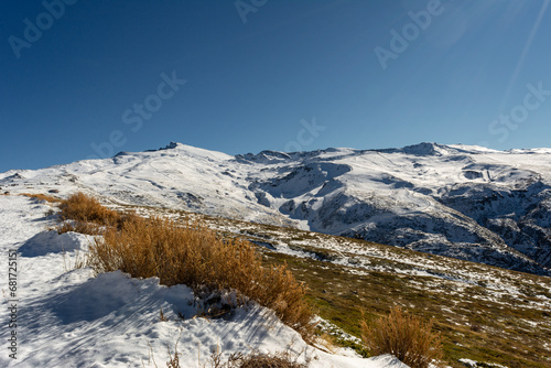 Ski resort of Sierra Nevada in winter, full of snow.