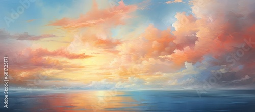 serene summer evening, as the sun sets against the vivid blue sky, the abstract play of light creates a breathtaking landscape. The clouds blush in hues of orange and red, casting a warm glow upon the