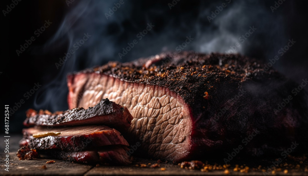 Naklejka premium Grilled pork fillet on wood, flame seared for gourmet lunch generated by AI