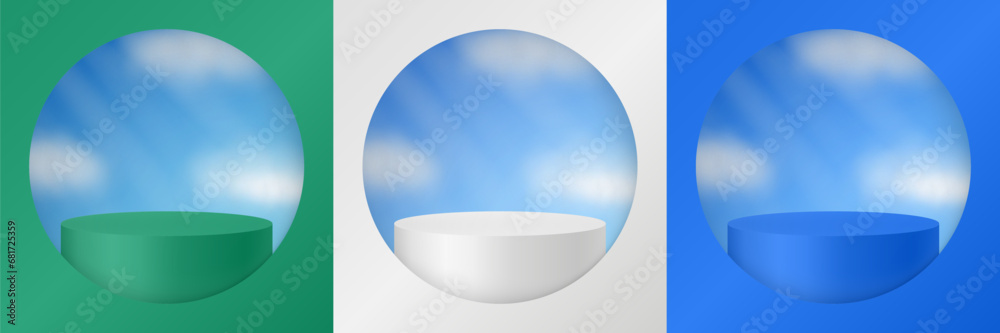 3d mockup of a cylindrical podium or pedestal for a product. Blue, green and white display stage. Background with clouds on a blue sky. Cylinder showing through a round window 3d mockup of a cylindrical podium or pedestal for a product. Blue, green and white display stage. Background with clouds on a blue sky. Cylinder showing through a round window