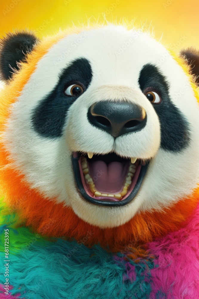 A close up photograph of a smiling panda bear. Perfect for adding a touch of cuteness and joy to any project or design.