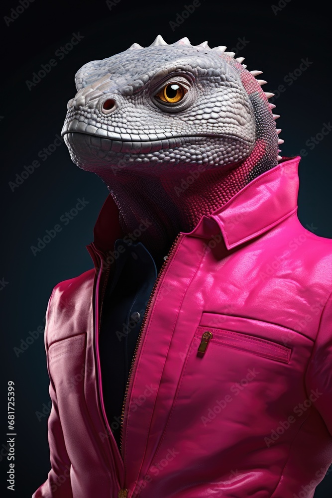 A unique and stylish bearded lizard wearing a pink leather jacket. Perfect for fashion enthusiasts or reptile lovers looking for a trendy and eye-catching image. A unique and stylish bearded lizard wearing a pink leather jacket. Perfect for fashion enthusiasts or reptile lovers looking for a trendy and eye-catching image.