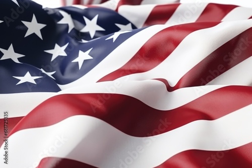 A close-up view of an American flag on a white background. This patriotic image can be used to represent American pride and patriotism.