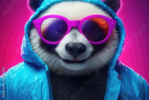A cute panda bear is dressed in sunglasses and a blue jacket. This image can be used to add a playful and trendy touch to various design projects. © Fotograf