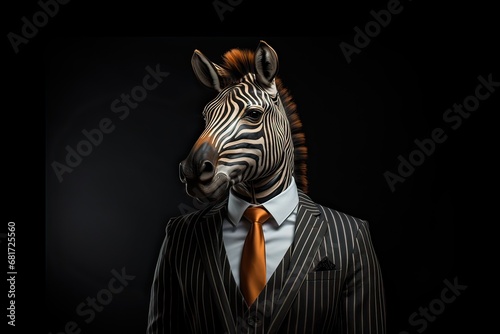 Anthropomorphic zebra isolated on black background. Generative AI.