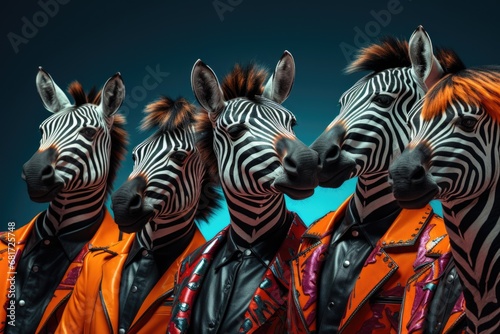 A group of zebras dressed in stylish leather jackets. Perfect for fashion enthusiasts or animal lovers looking for a unique and trendy image
