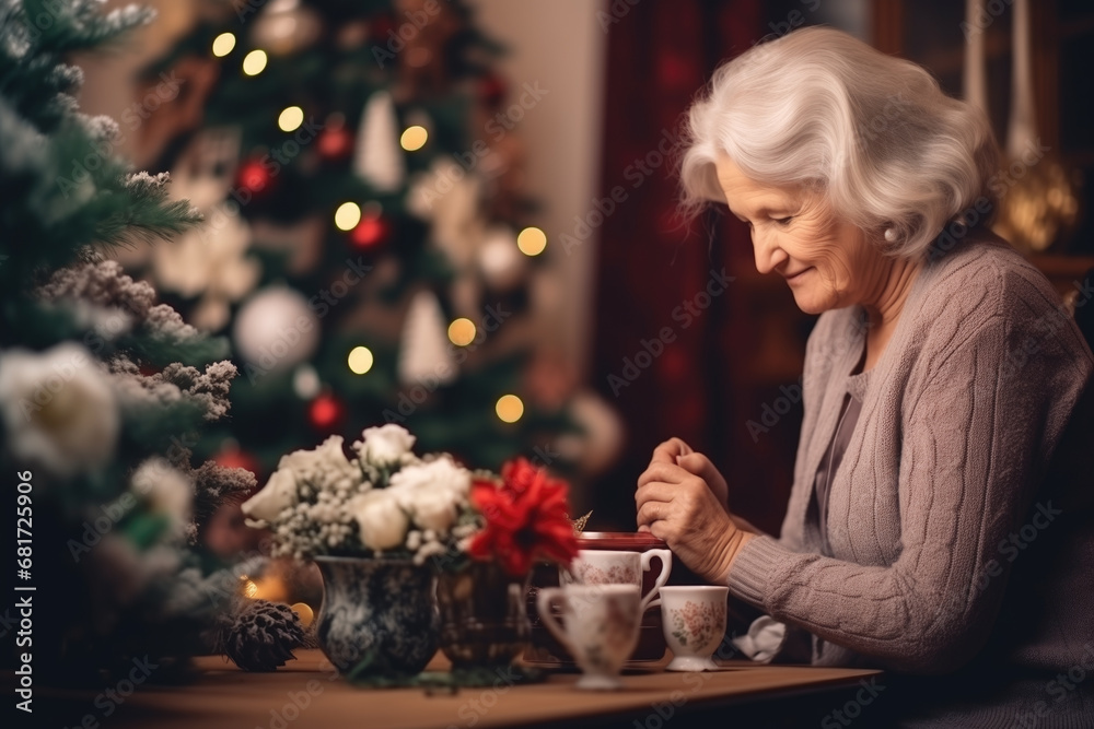Elderly woman enjoys tea by Christmas tree. The concept evokes holiday warmth and nostalgia. Elderly woman enjoys tea by Christmas tree. The concept evokes holiday warmth and nostalgia.