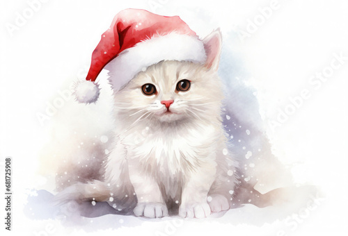 Watercolor white kitty with santa hat isolated on white background