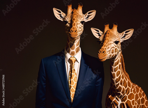 Two giraffes in a suit and tie on a dark background