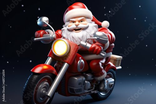 A festive image of Santa Claus riding a motorcycle in the snow. Perfect for holiday-themed designs and advertisements