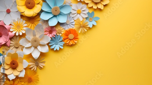 Bottom border beautified with colorful origami paper blossoms on yellow background