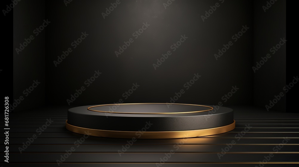 Dark platform negligible on organize with dark and goden stage arrange to appear corrective and adornments item arrange dark on platform present day 3d studio dull stage