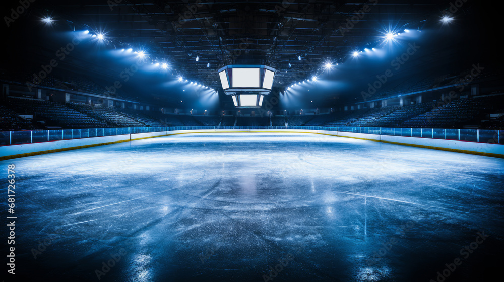 Empty ice skating rink is illuminated by floodlights. Stadium and arena. Sports winter background. Texture and fog of blue ice floor. Empty ice skating rink is illuminated by floodlights. Stadium and arena. Sports winter background. Texture and fog of blue ice floor.