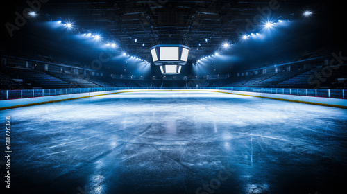 Empty ice skating rink is illuminated by floodlights. Stadium and arena. Sports winter background. Texture and fog of blue ice floor.