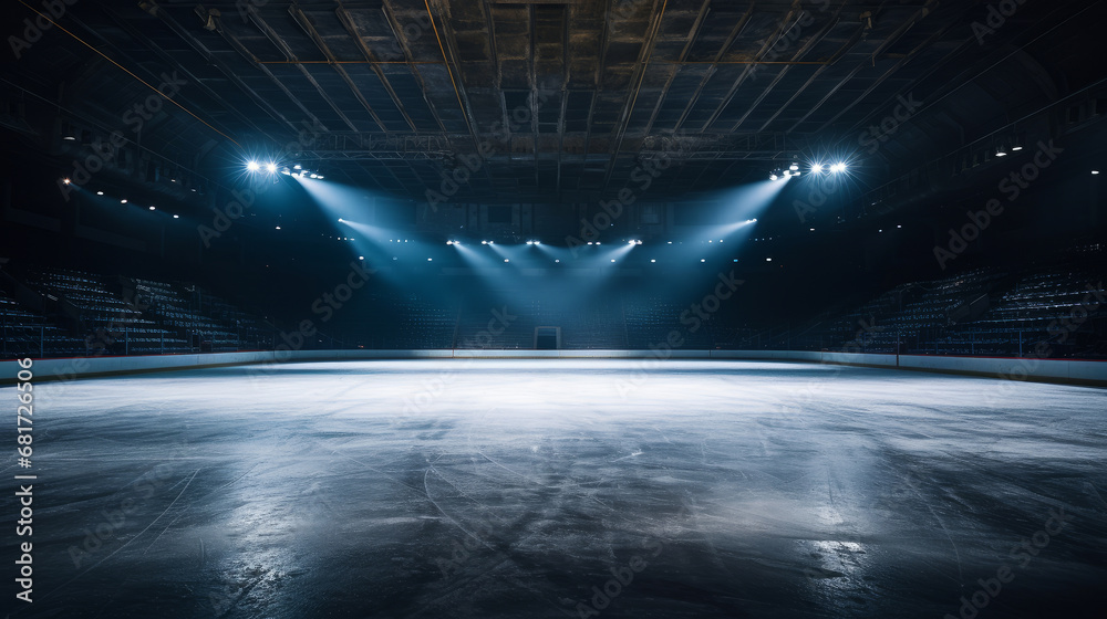 An empty ice skating rink is illuminated by floodlights. Empty stadium ...