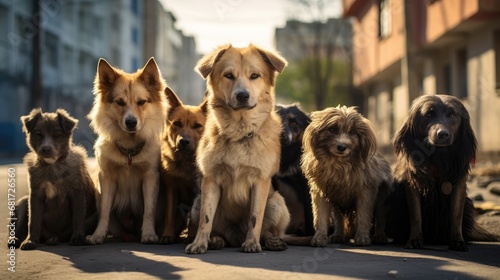 Half-a-dozen stray street dogs roaming in a residential area in north © pvl0707