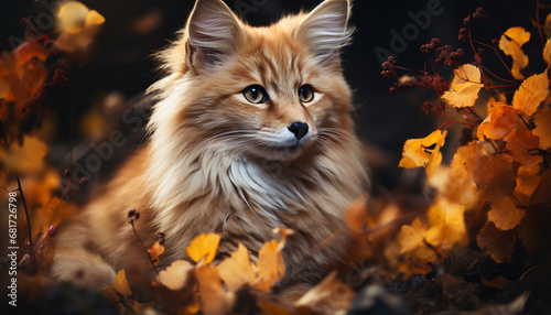 Cute kitten sitting in autumn forest, looking at camera generated by AI