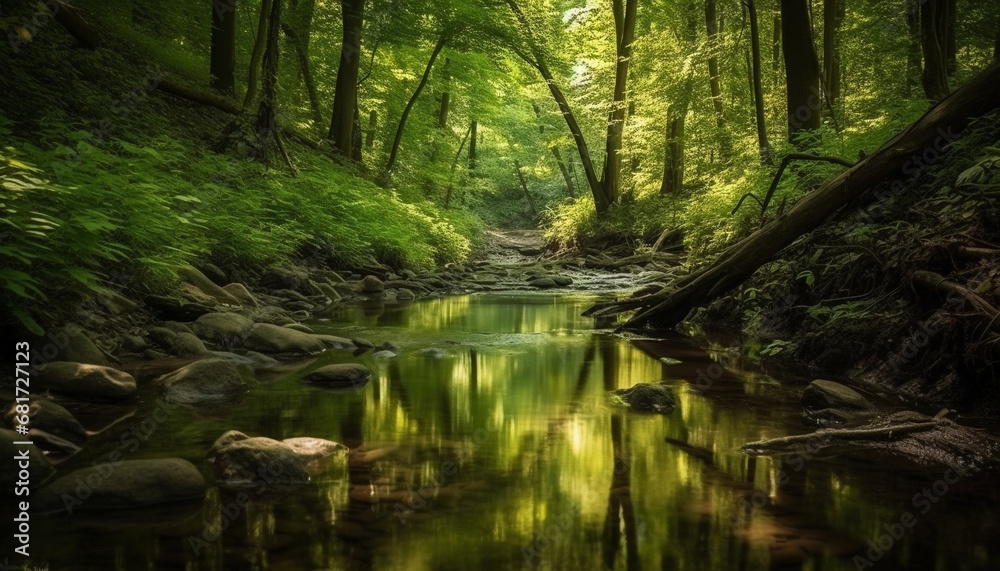A tranquil scene of a forest with flowing water generated by AI A tranquil scene of a forest with flowing water generated by AI