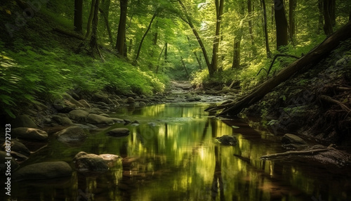 A tranquil scene of a forest with flowing water generated by AI