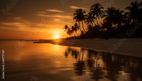 Tropical sunset, tranquil scene, palm tree, reflection, beauty in nature generated by AI