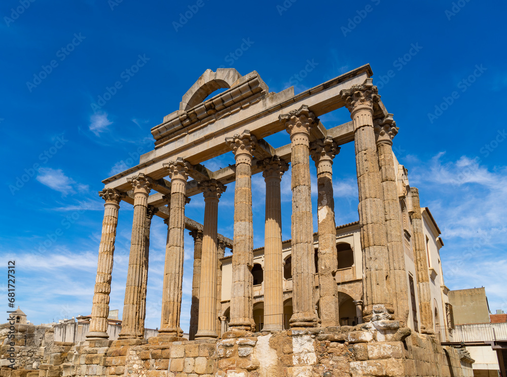 Well-preserved archaeological remains of the Roman temple of Diana with well-preserved Corinthian style marble columns Badajoz province, Extremadura, Spain.