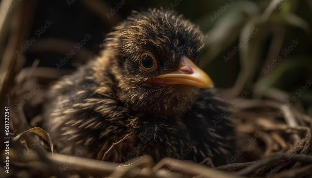 Fototapeta premium Cute yellow hatchling peeks out of animal nest in nature generated by AI