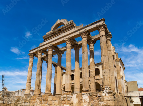 Well-preserved archaeological remains of the Roman temple of Diana with well-preserved Corinthian style marble columns Badajoz province, Extremadura, Spain.