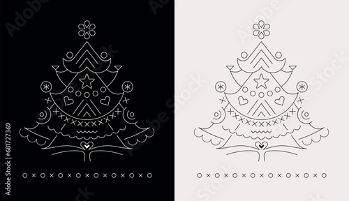 Line art design isolated on a black and on a white backgrounds Christmas Tree vector illustration. 