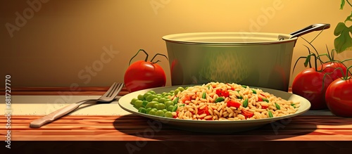 In the comforting atmosphere of a home kitchen, a health-conscious chef prepared a nutritious dinner with green vegetables, juicy red tomatoes, and a side of fluffy rice on a plate, ensuring a healthy