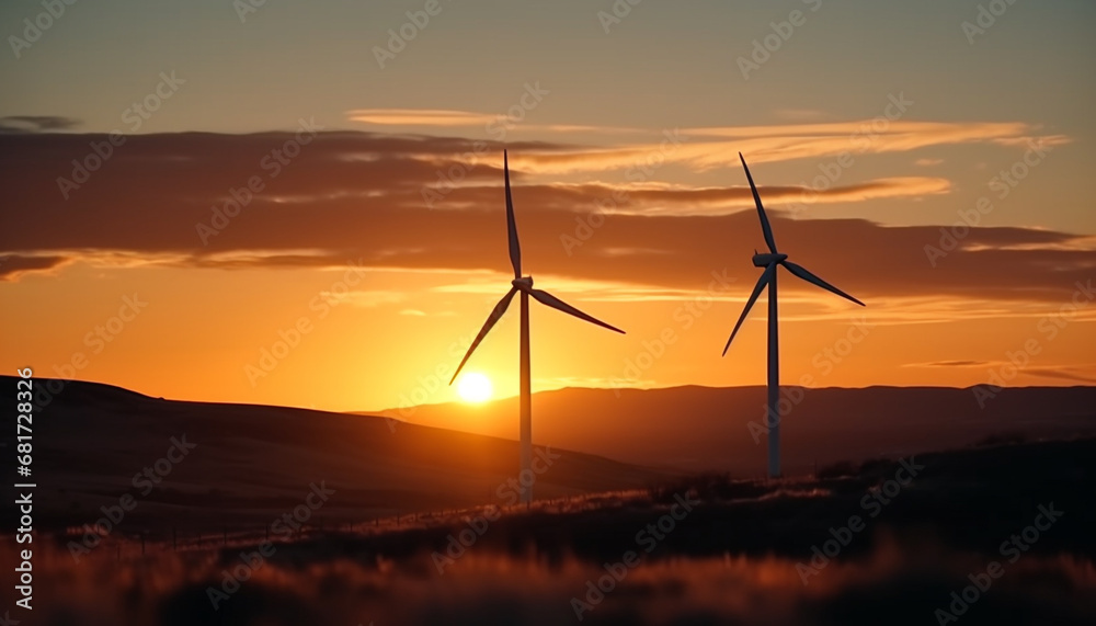 Wind turbine spinning, generating alternative energy for sustainable power supply generated by AI