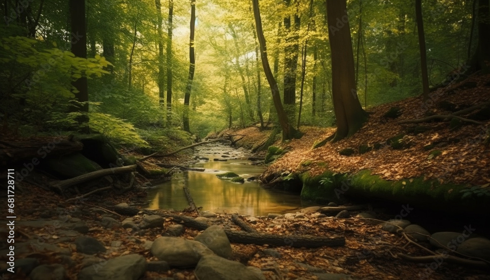 Tranquil scene of flowing water in autumn forest wilderness area generated by AI