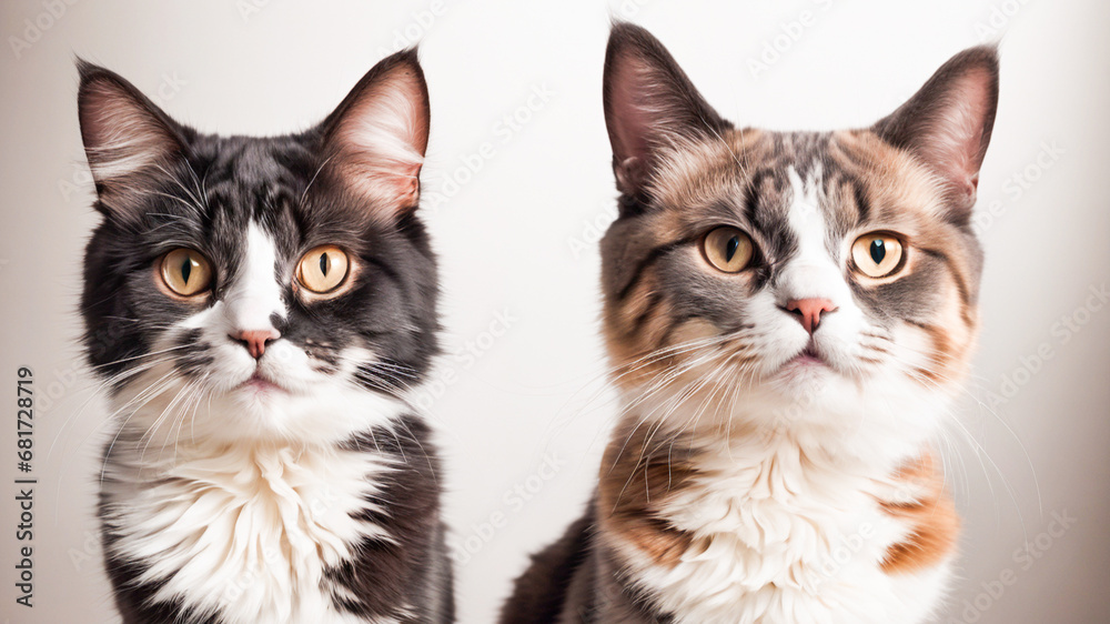 Two cats on a white background, close-up, studio shot