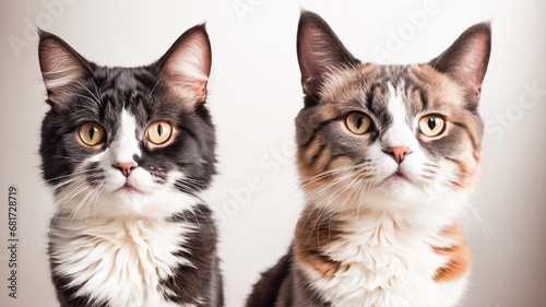 Two cats on a white background, close-up, studio shot