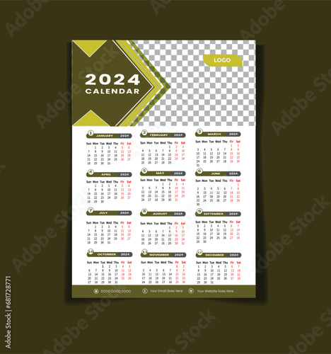 2024 Calendar year vector illustration. week starts on Sunday, Simple planner design template, desk calendar 2024 year, wall calendar 2024 template, print media, advertisement